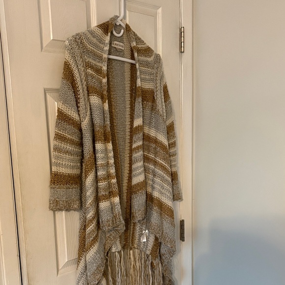 Open Front Knit Fringe Cardigan M/L Boho Neutral Striped - Picture 2 of 7